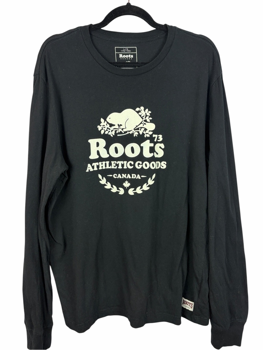 Roots Canada Athletic Goods Logo Long Sleeve Tee Black 100% Cotton Size Large - Picture 1 of 12